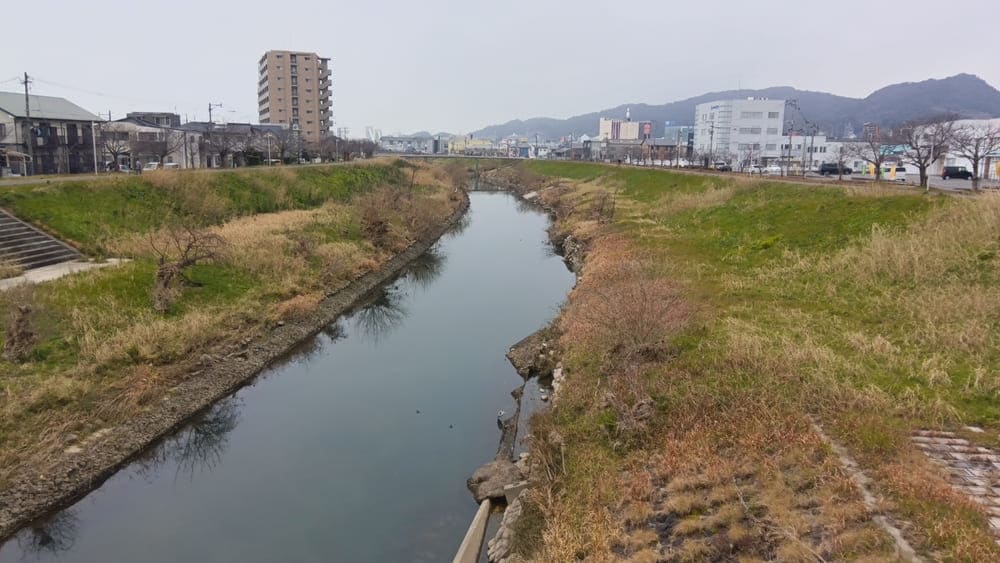 地方の一棟マンション投資エリアを象徴する住宅地の風景。川沿いに住宅やマンションが点在する地方都市の環境